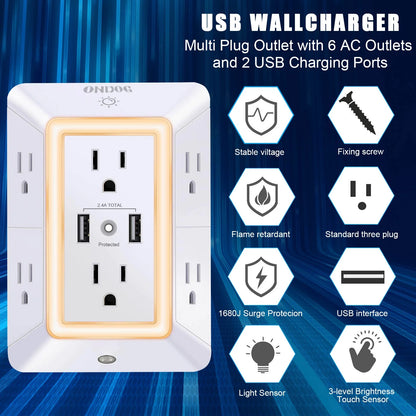 3 Sided Outlet Extender 6 Outlets with 2 USB Ports, Multi Plug Outlet Splitter for Home, Office